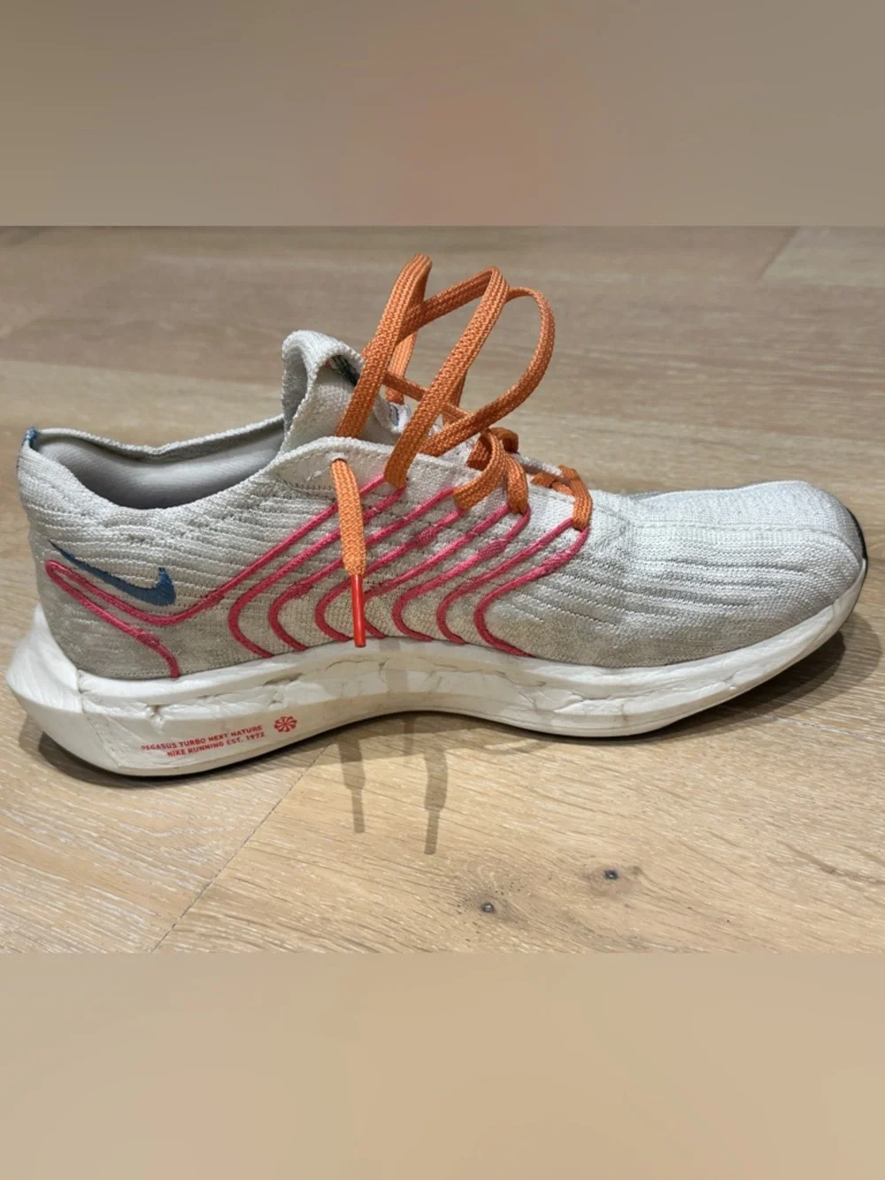 Women’s Nike White Knit Running Shoes - Blue Swoosh, Pink Stripes & Orange Laces - Picture 4 of 16
